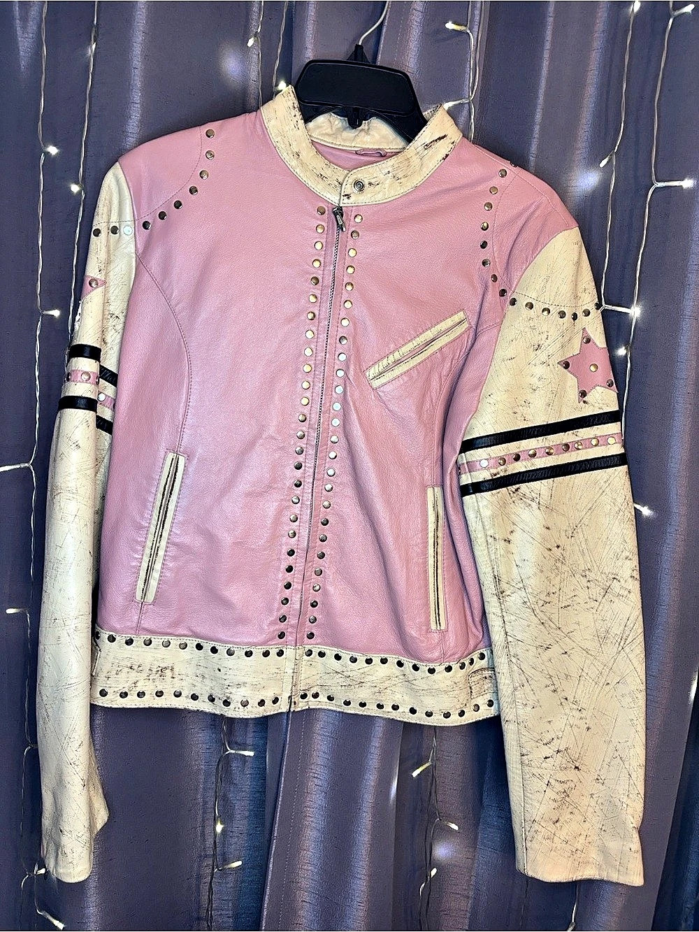 WILSONS LEATHER Pink & Cream Studded Leather Jacket